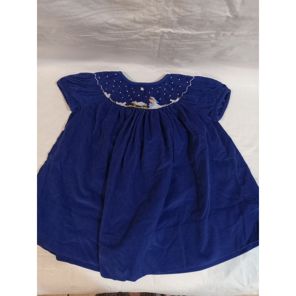 Amanda Remembered 9M Blue Corduroy Smocked Nativity Bishop Dress Christmas Baby